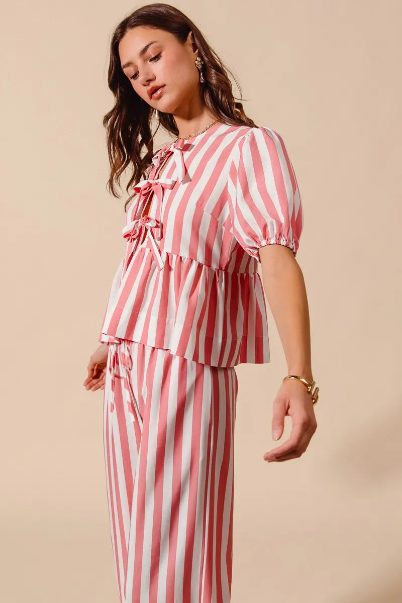 SO ME Front Tie Stripe Top With Puff Sleeves and Wide Leg Pants Set - Fashorio