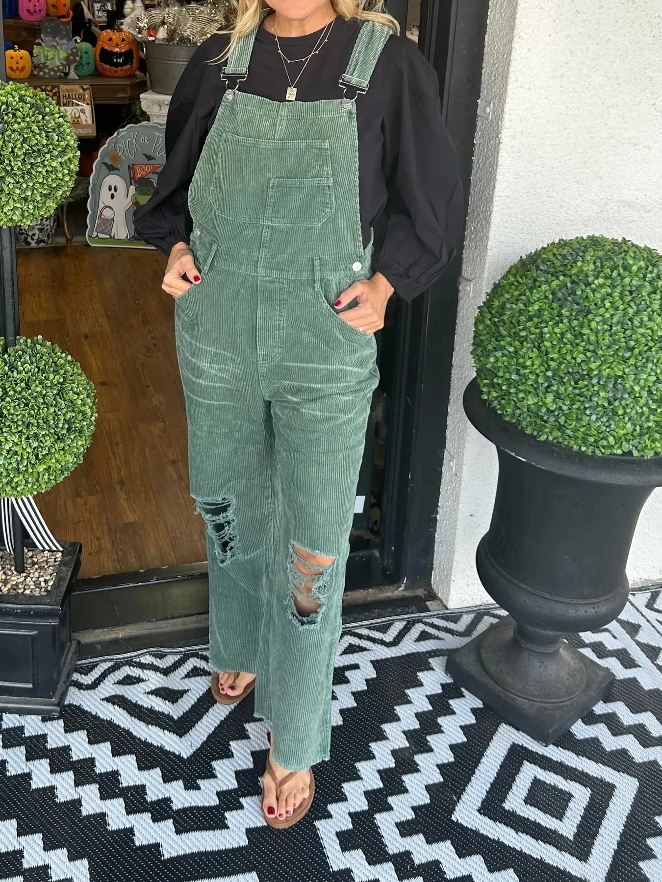 Distressed Wide Leg Corduroy Overalls Green - Fashorio