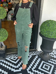 Distressed Wide Leg Corduroy Overalls Green - Fashorio