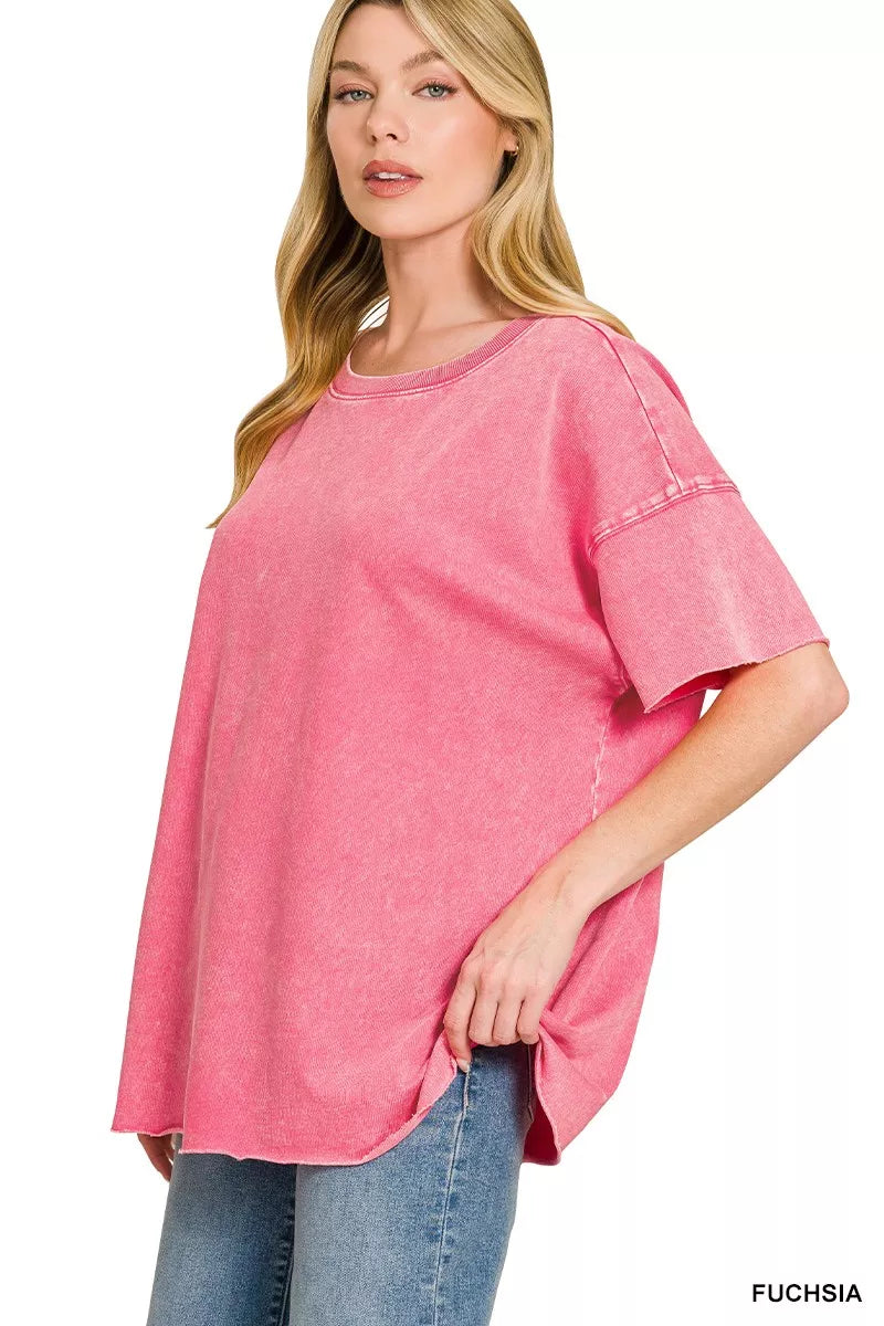 Zenana acid wash French terry drop shoulder top in fuchsia back view
