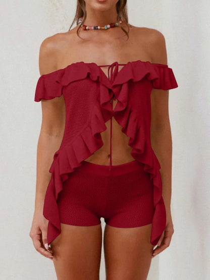 Off-Shoulder Ruffle Top and Shorts Sweater Set - Fashorio