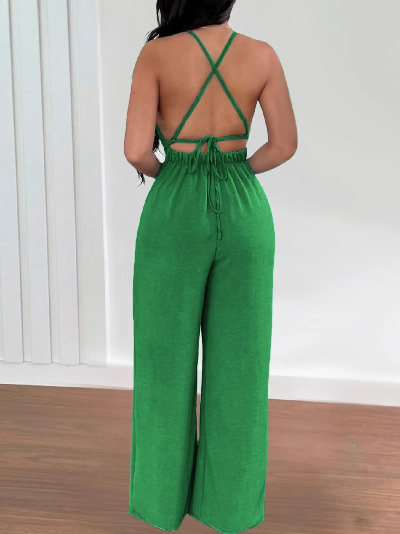 Crisscross Back V-Neck Wide Leg Jumpsuit - Fashorio
