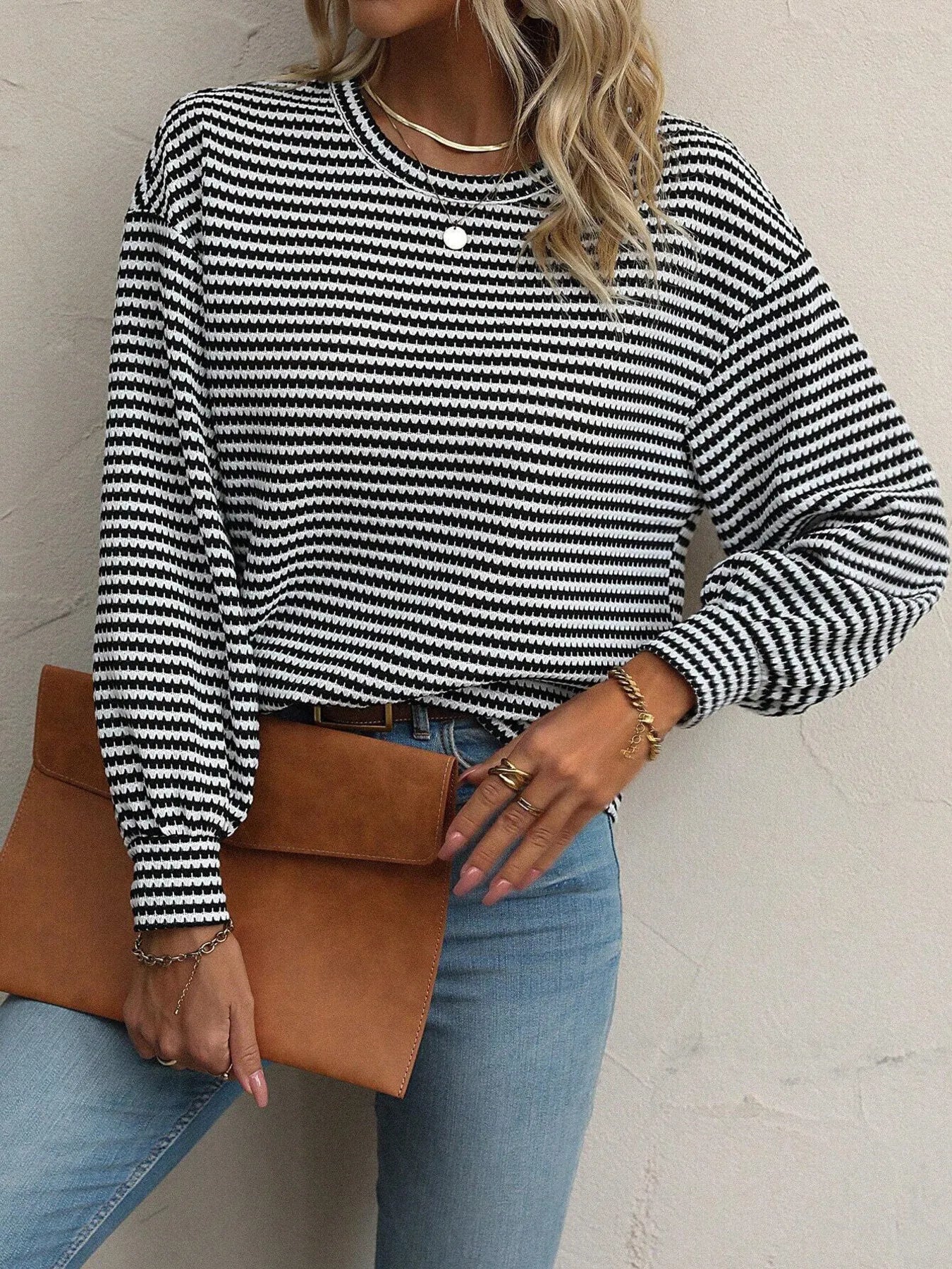 Striped Round Neck Lantern Sleeve Top Black - Fashorio