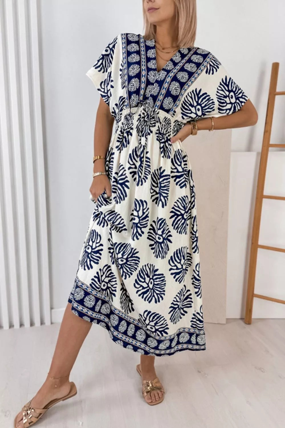 V neck dolman sleeve dress side view