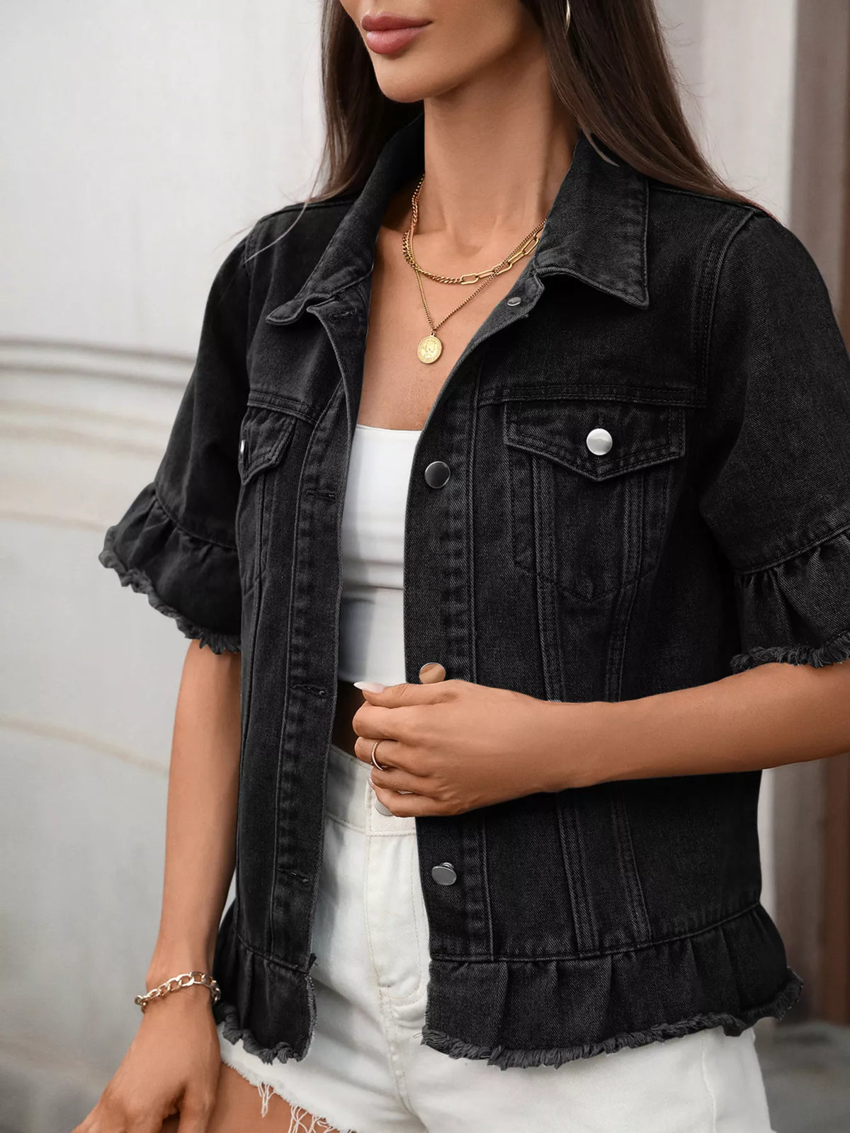 Raw Hem Button Up Denim Jacket in Blue view 8