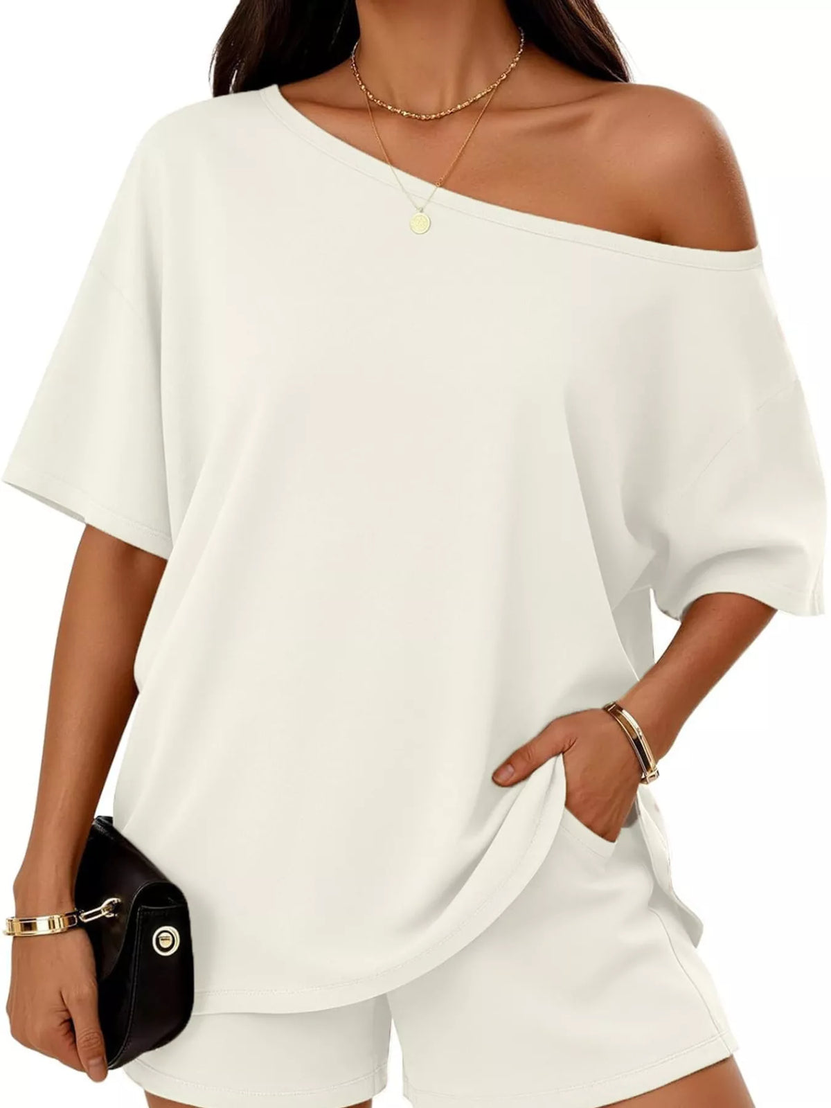 Boat Neck Tee and Shorts Two Piece Set Plus Size, view 26