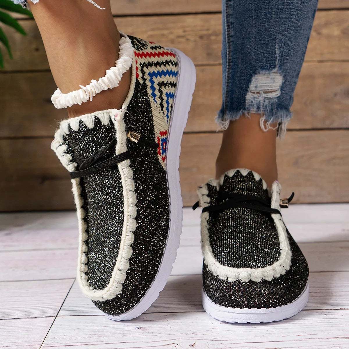 Round Toe Flats Sneakers Black - Fashorio