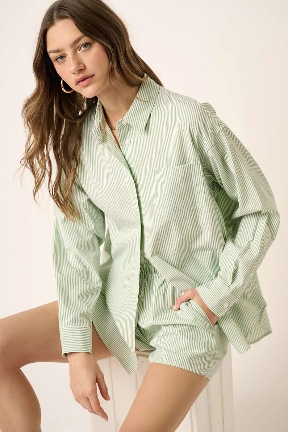 Mittoshop Striped Shirt and Shorts Set SAGE - Fashorio