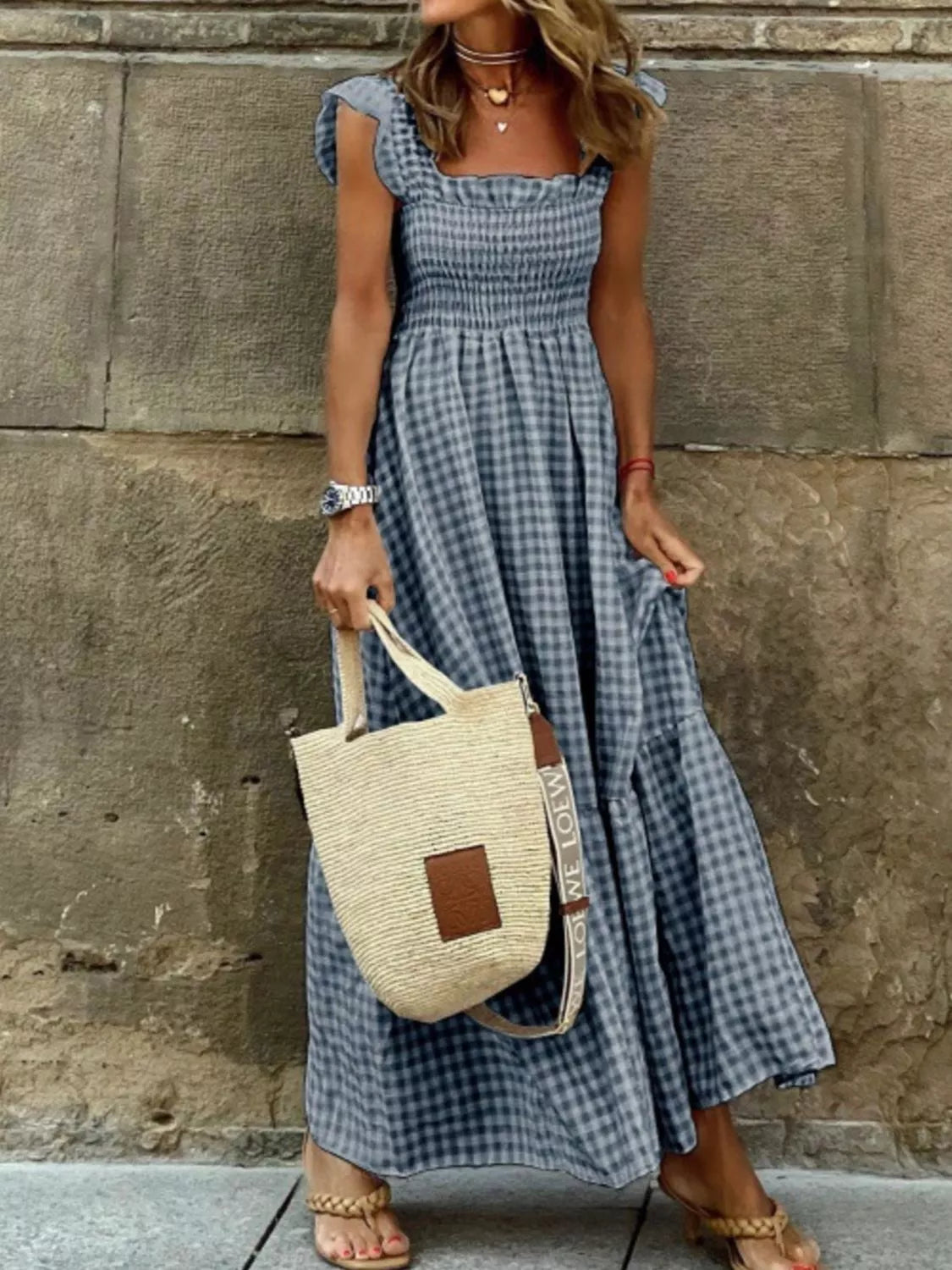 Gingham smocked ruffle maxi dress back view