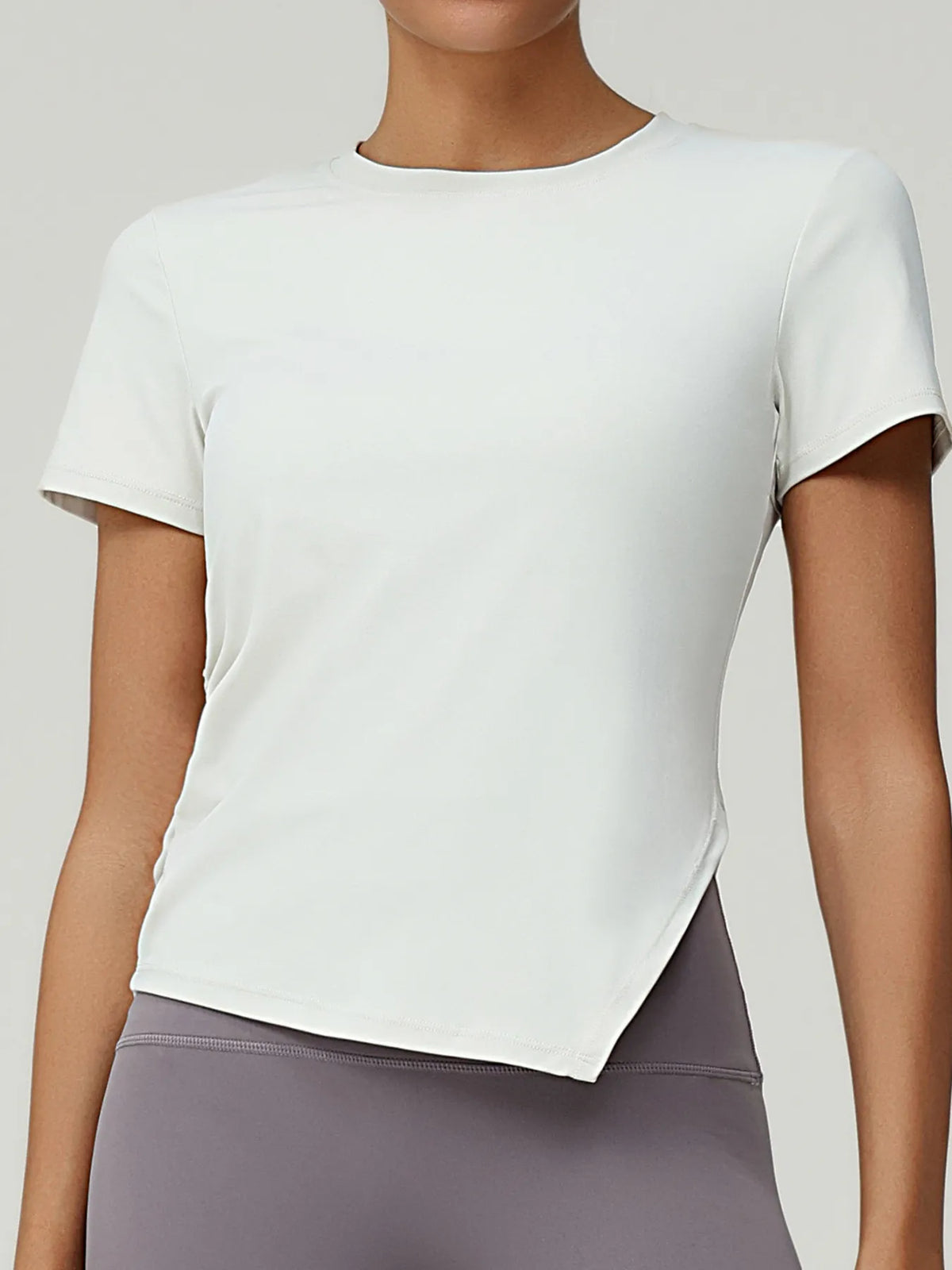 slit round neck short sleeve active tee close up detail