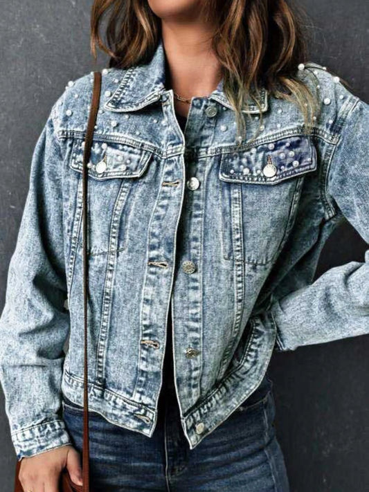 Full Size Pearl Detail Button Up Long Sleeve Denim Jacket Plus Size Denim Blue - Fashorio