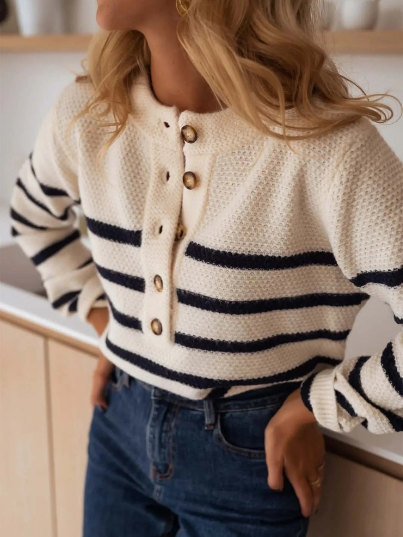 Striped Button-Front Sweater Beige - Fashorio