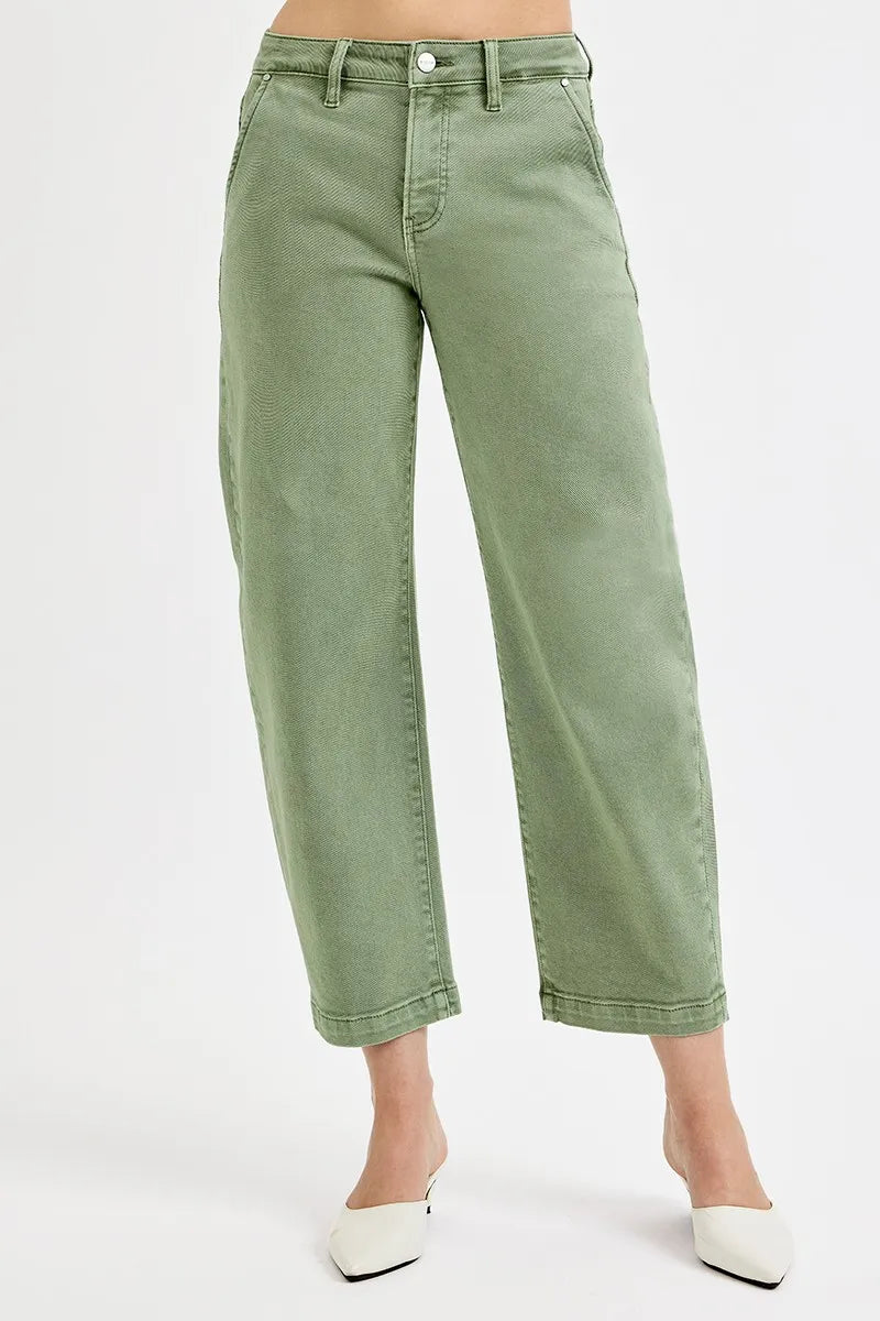 RISEN tummy control crop barrel jeans olive green wash front view
