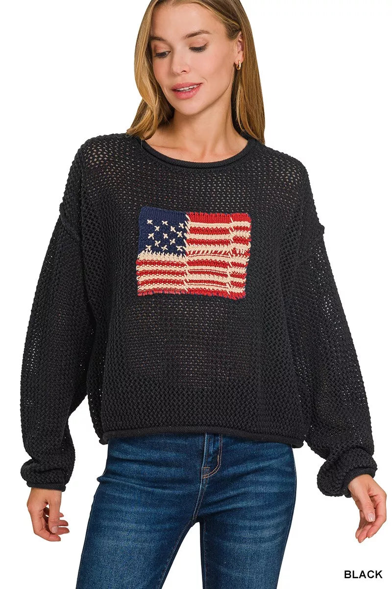 American Flag Crew Neck Sweater in Black