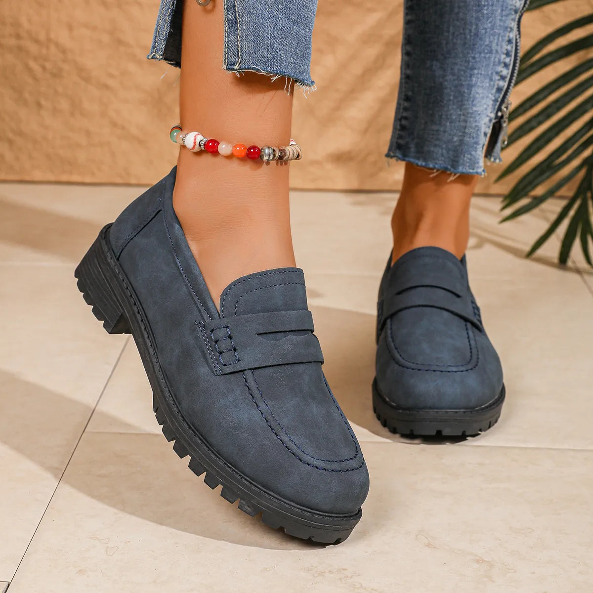 Round Toe Block Heels Loafers Blue - Fashorio