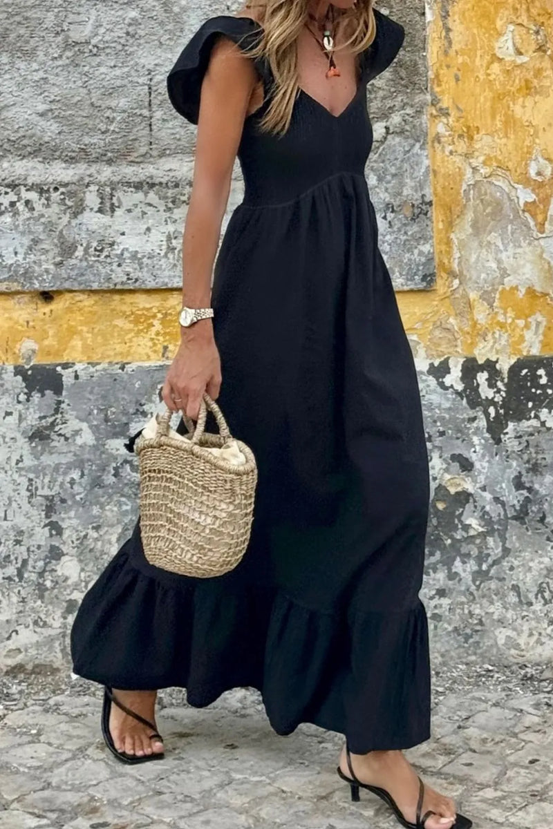 V-neck ruffled cap sleeve smocked maxi dress front