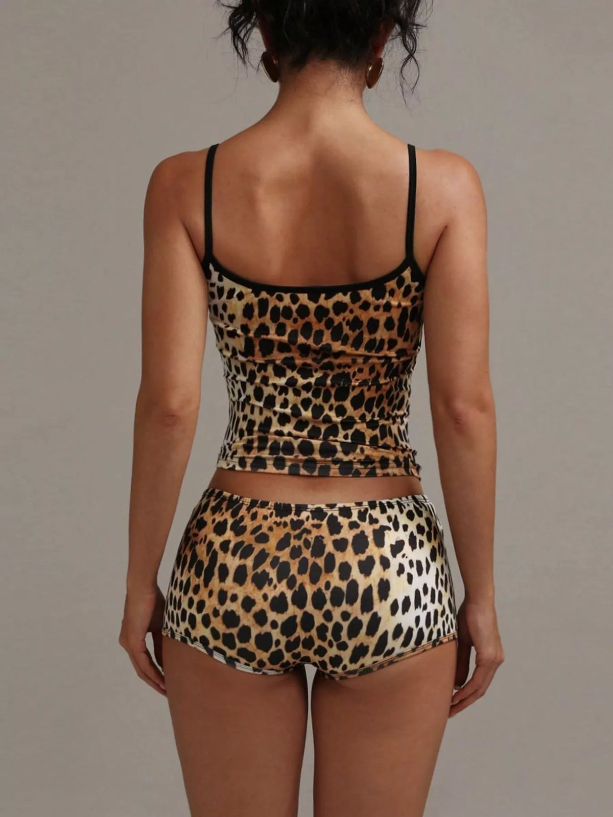 Leopard print matching shorts close up