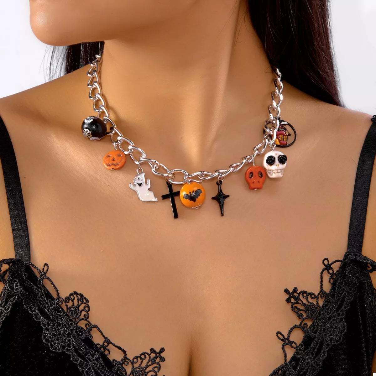 Halloween Charm Chain Necklace Silver One Size - Fashorio