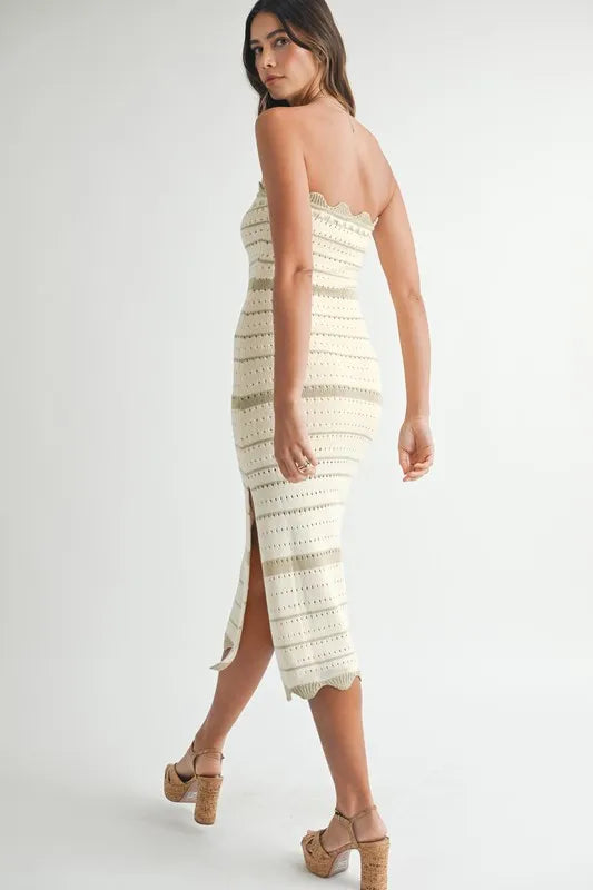 MABLE Contrast Striped Crochet Knit Midi Dress - Fashorio
