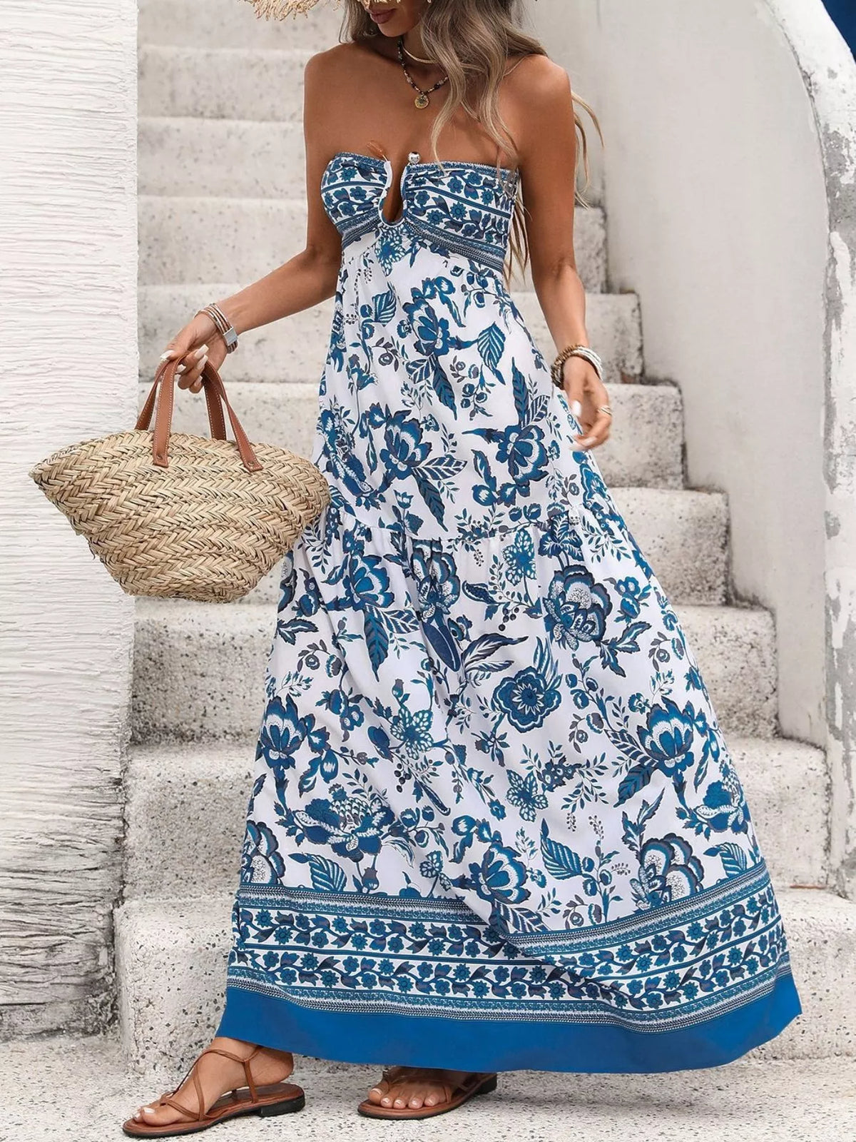 Blue floral strapless maxi dress detail view