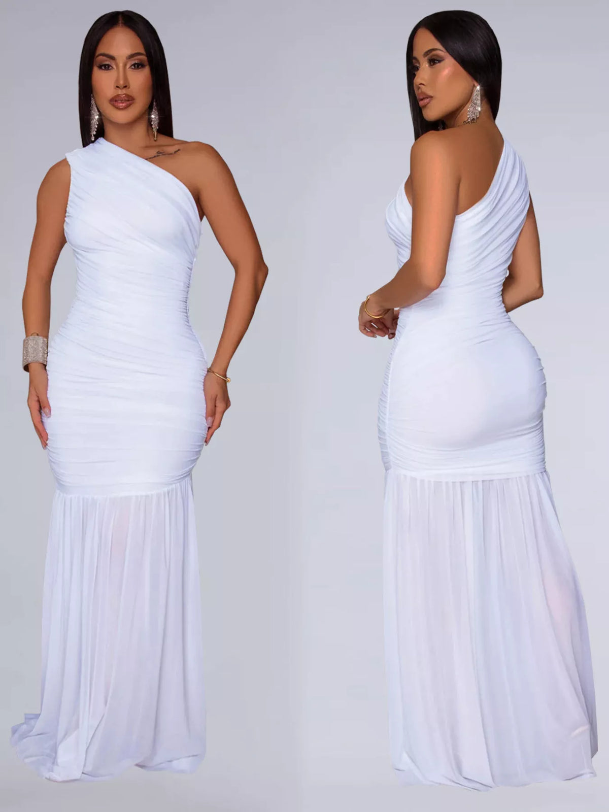 One shoulder ruched bodycon maxi dress back view