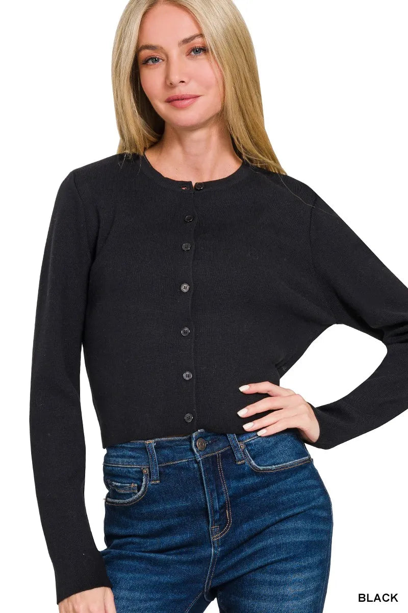 Zenana Button-Front Crewneck Long Sleeve Cropped Cardigan BLACK - Fashorio