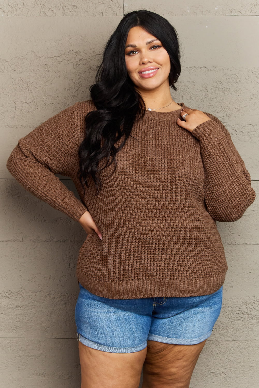 High Low Waffle Knit Sweater Plus Size in Brown
