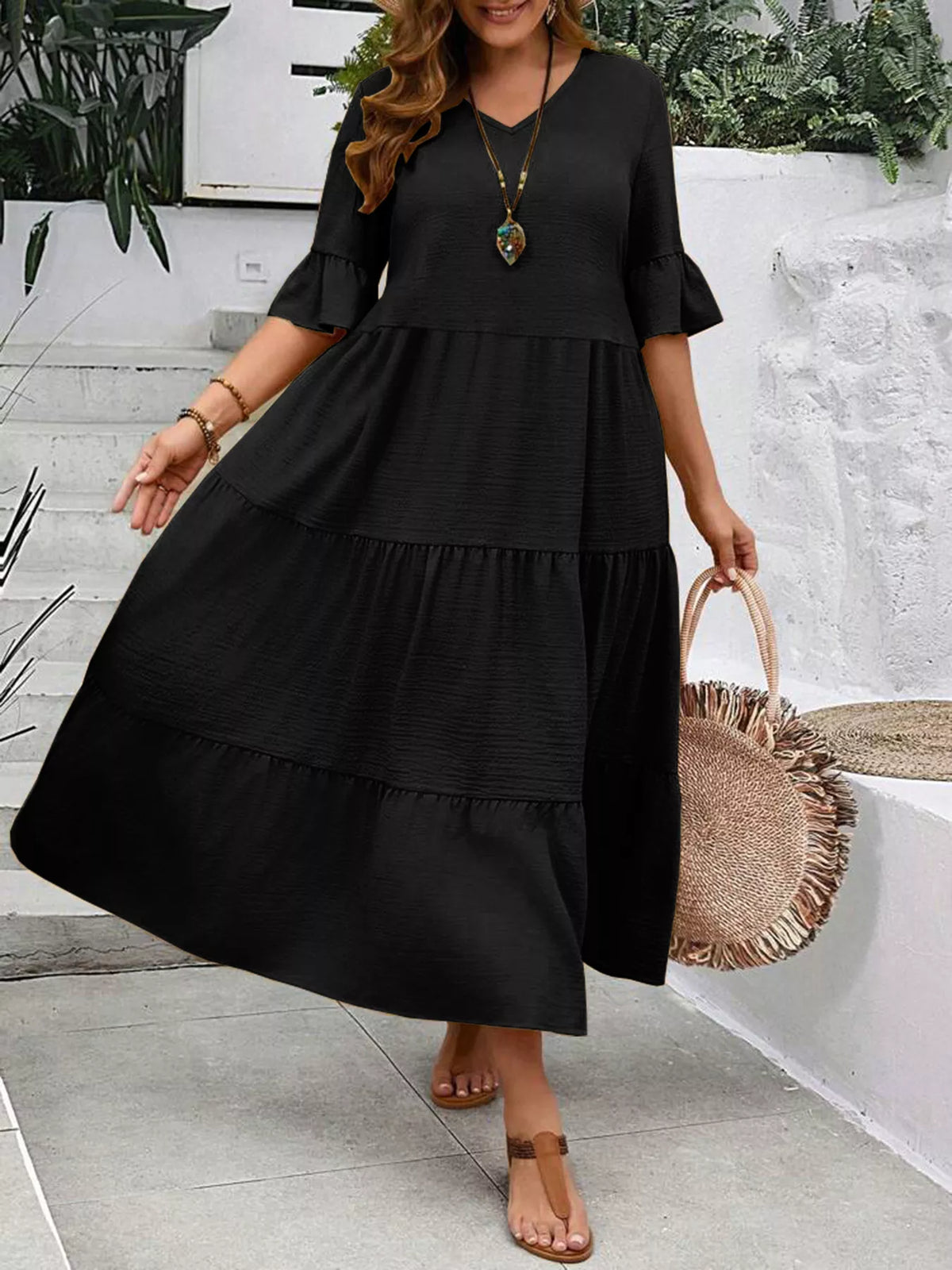 Ruffle sleeve midi dress detail of layered skirt