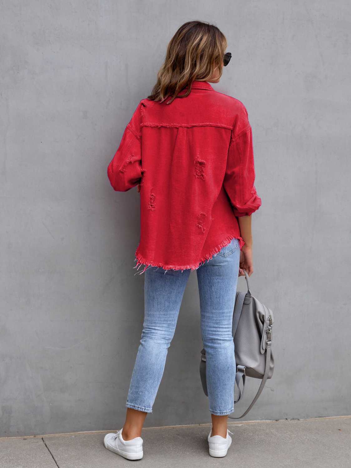 Distressed Drop Shoulder Denim Jacket - Fashorio
