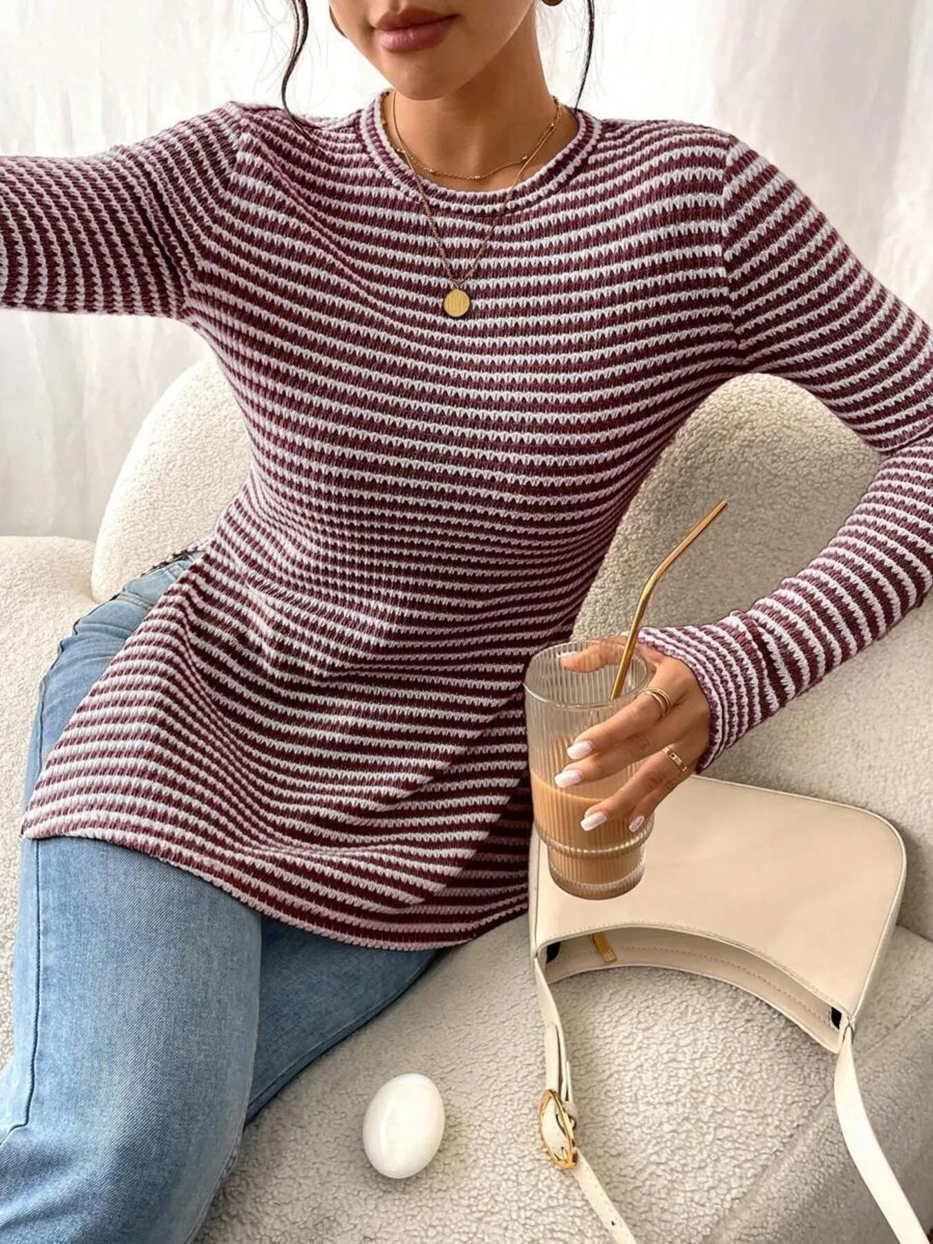 Side Slit Striped Long Sleeve T-Shirt - Fashorio