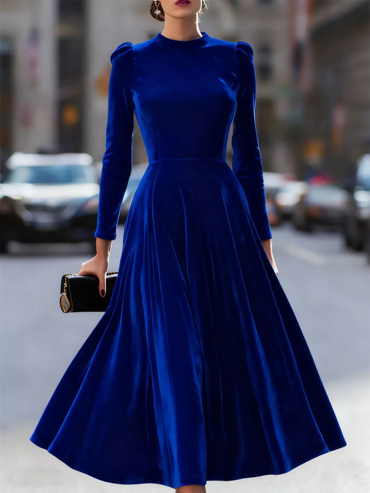 velvet long sleeve A line dress back detail