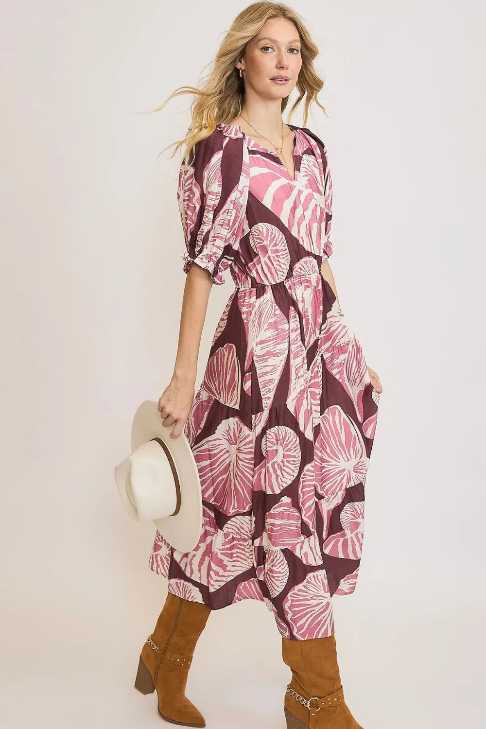Printed Notched Puff Sleeve Midi Dress back view