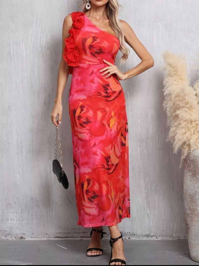 Red floral one shoulder ruffle dress front view