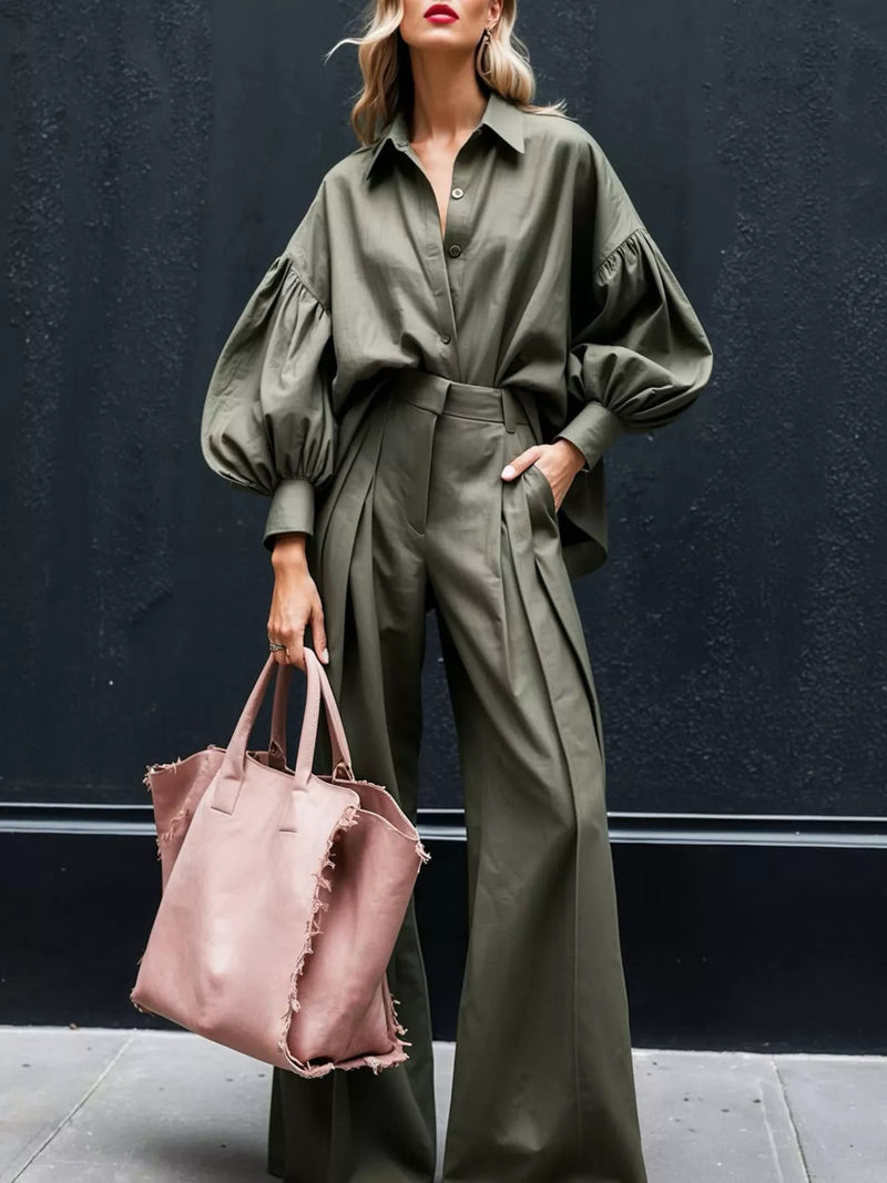 Lantern sleeve shirt and wide leg pants two piece set front view