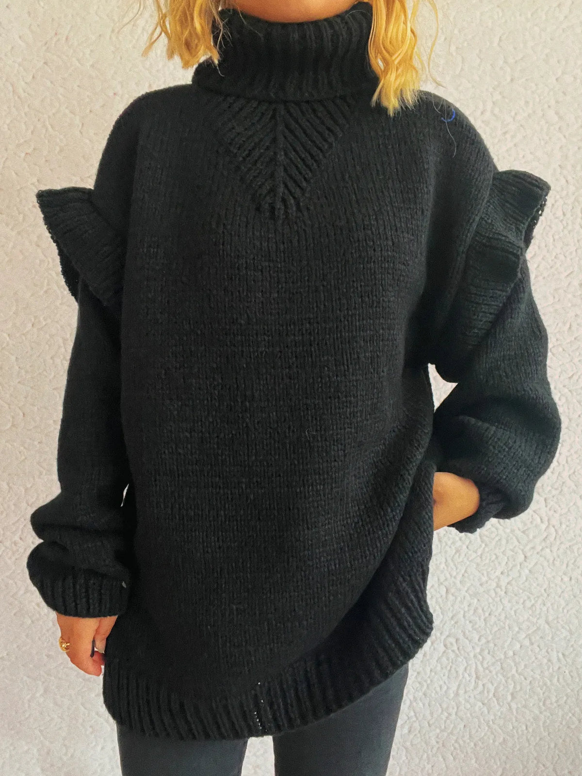 Ruffled turtleneck long sleeve sweater styled look