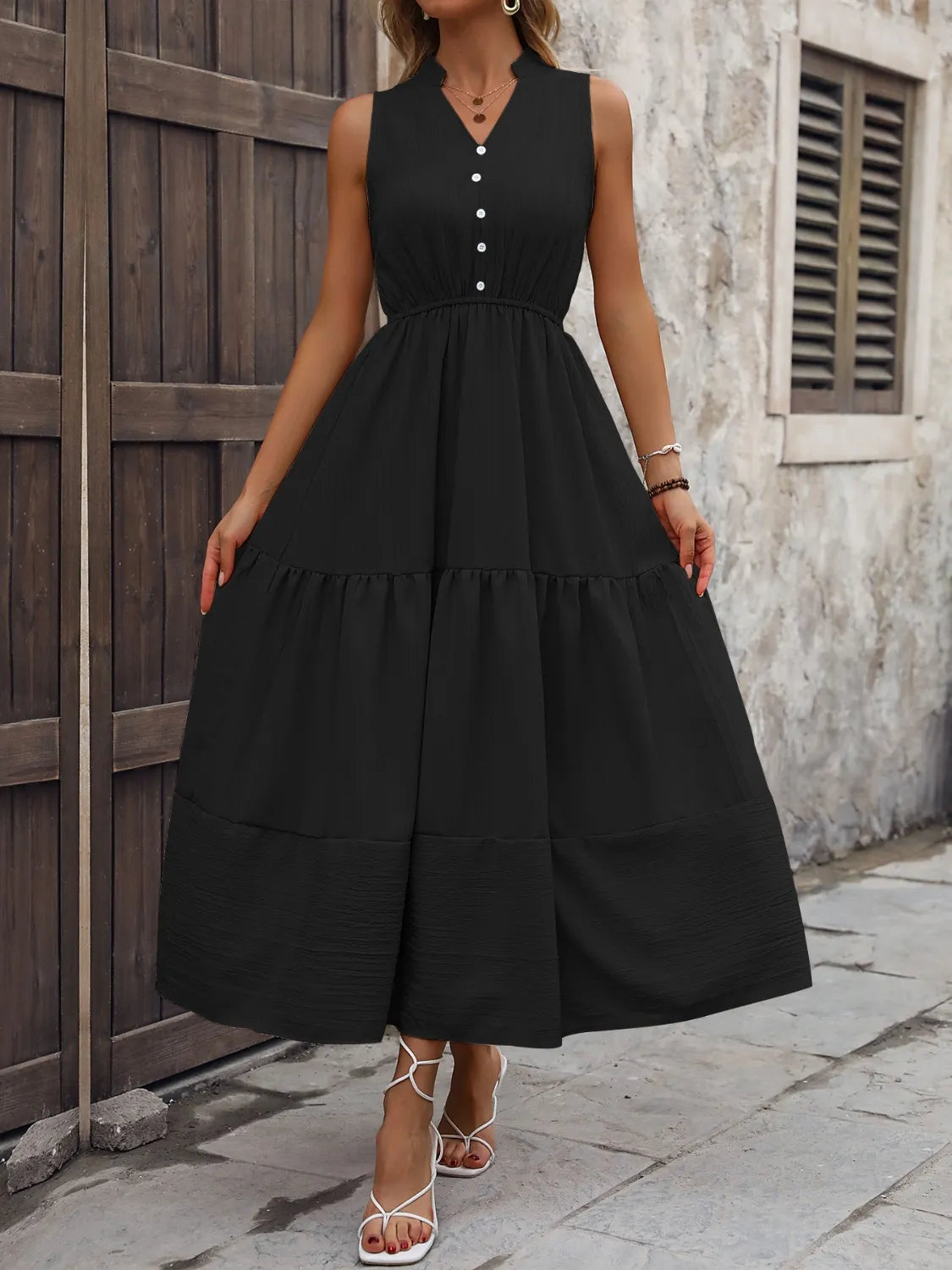 Notched sleeveless maxi tank dress, bodice and neckline detail