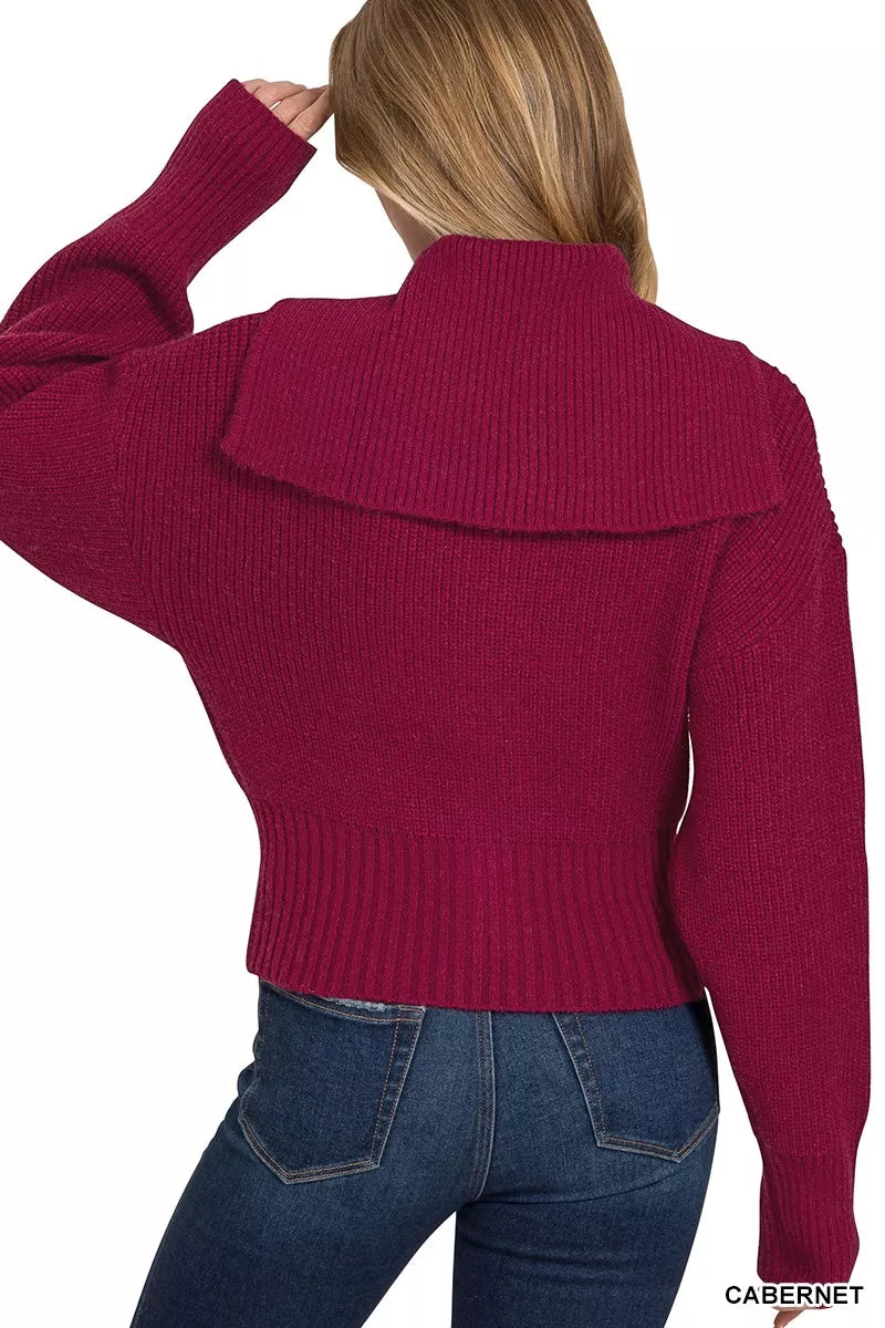 Ribbed Collared Zip Up Cardigan in Cabernet detail