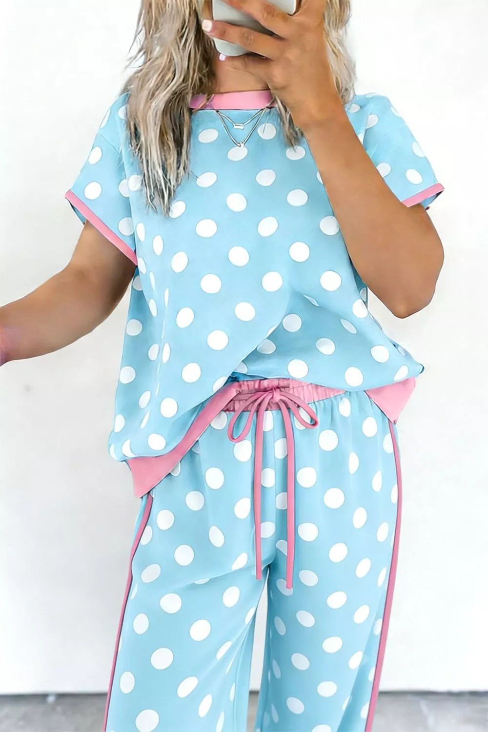 Polka dot two piece set with drawstring pants side view