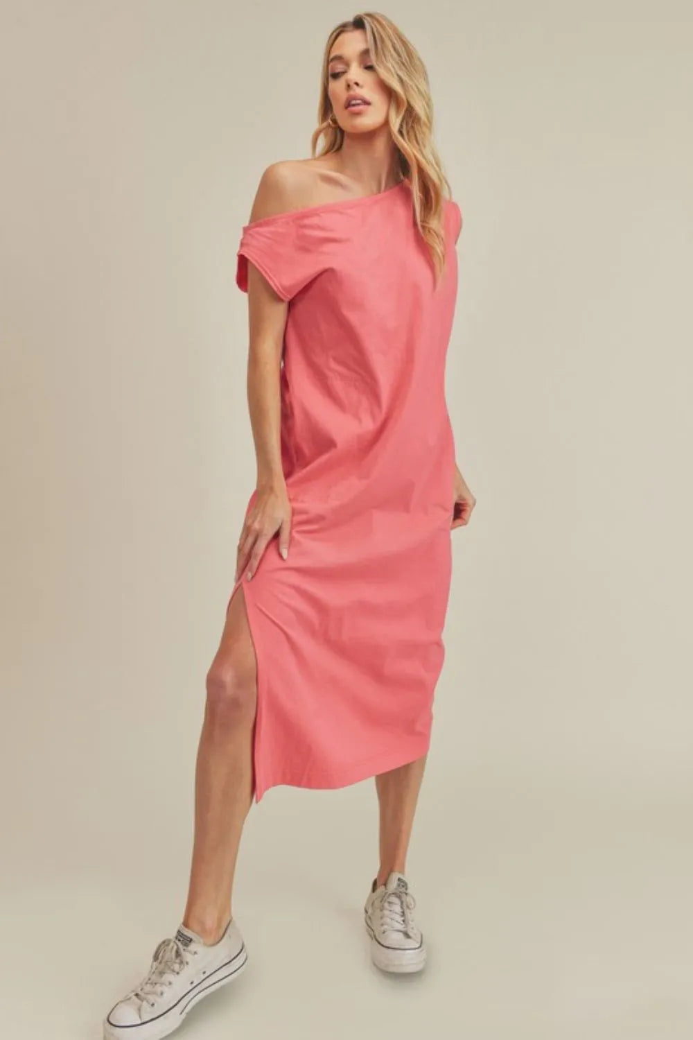 Coral side slit sleeveless midi dress front view