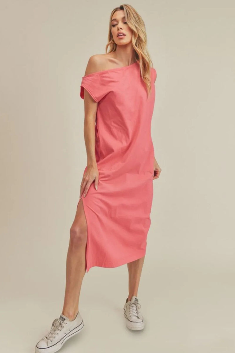 Coral side slit sleeveless midi dress front view