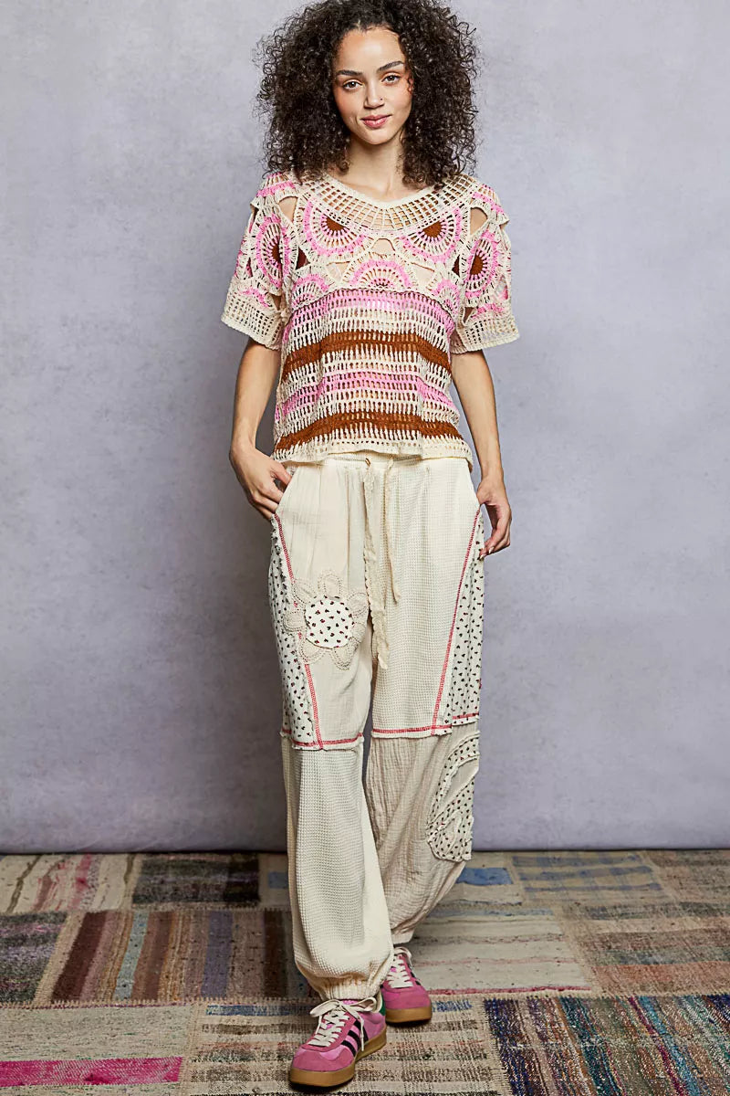 Weave Pattern Short Sleeve Crochet Top, view 6