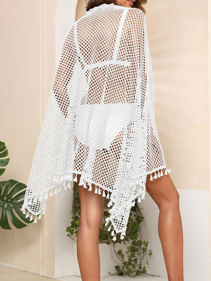 Tassel Openwork Open Front Cover-Up - Fashorio