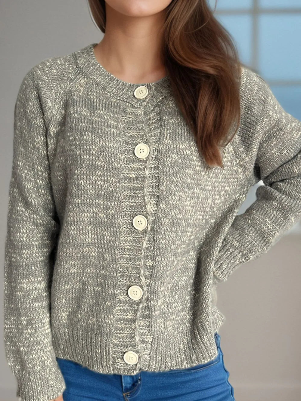 Heathered Button Down Long Sleeve Cardigan - Fashorio