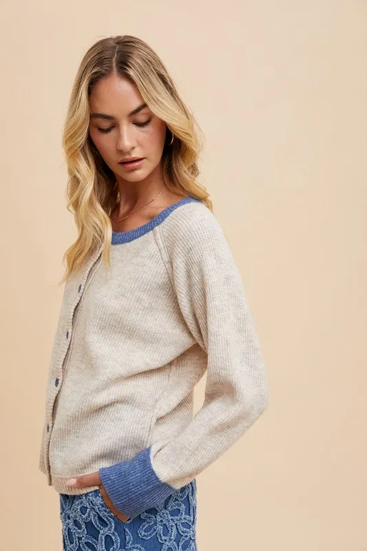 Annie Wear Contrast Trim Button Down Raglan Sleeve Cardigan - Fashorio