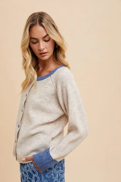 Annie Wear Contrast Trim Button Down Raglan Sleeve Cardigan - Fashorio