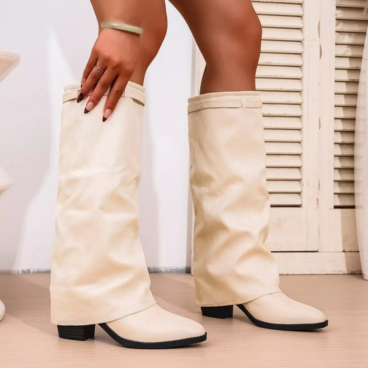 Point Toe Block Heel Ankle Boots front view