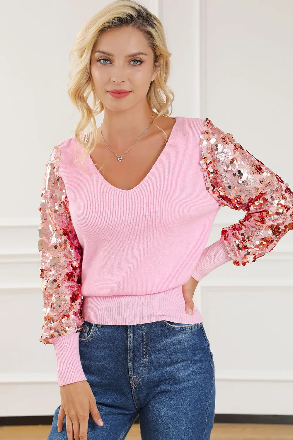 Sequin Long Sleeve V-Neck Sweater - Fashorio
