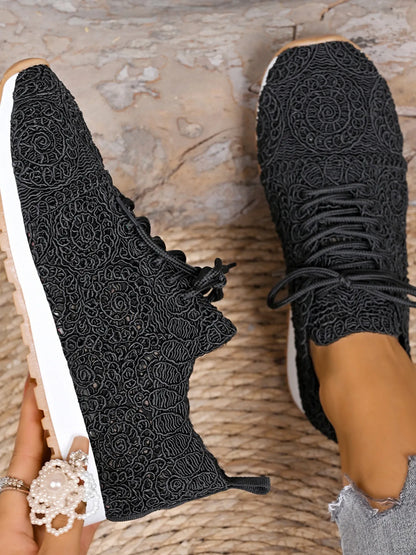 Mesh Lace Up Sneakers Black - Fashorio