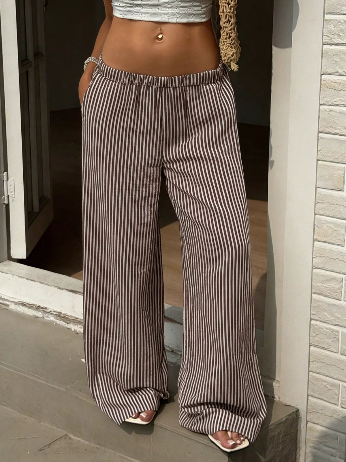 Brown striped tie waist wide leg pants side view