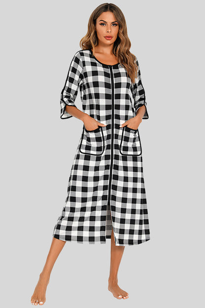 Round Neck Three-Quarter Sleeve Midi Night Dress White - Fashorio